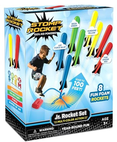 Stomp Rocket Jr Multi-Color Rocket Launcher for Kids, 8 Rockets - Fun Outdoor Kids Gifts for Boys & Girls - STEM Toy Foam Blaster Set Soars Up to 100 Feet - Ages 3 & Up