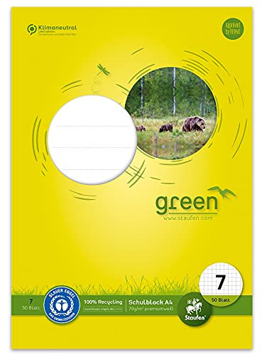 Staufen Green Schulblock - DIN A4, Lineatur 7 (7mm kariert), 50 Blatt, 4-fach Lochung, premiumweißes 70g/m² Recyclingpapier, 1 Stück