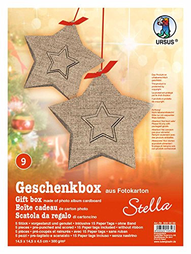 Ursus 5090009 - Geschenkbox Stella, Jute Design, 5 Stück, aus Fotokarton 300 g/qm, beidseitig bedruckt, vorgestanzt und genutet, inklusive 15 Paper Tags, ideal für kleine Überraschungen