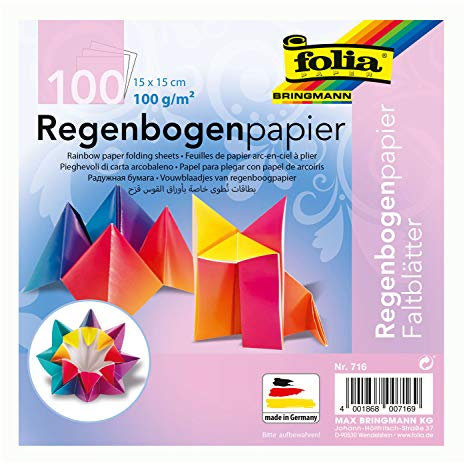 folia 716 - Faltblätter aus Regenbogenpapier, ca. 15 x 15 cm, 100 g/qm, 100 Blatt, farbig sortiert - ideal für Faltfiguren und andere kreative Bastelideen