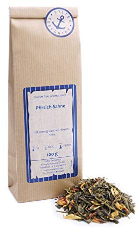 Grüner Tee lose Grüner Tee Pfirsich-Sahne Pfirsich, Orange, Rosenblüten, Aprikosen Grüntee mit cremig weicher Pfirsich-Note 100g
