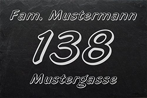 Schiefertafel mit wetterfester Lasergravur des Motives Hausnummer-002 und Ihrem Text/Daten in der gewünschten Schriftart von LaserArt24