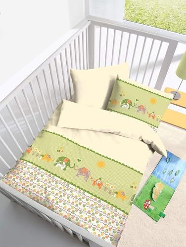 Fein Biber Baby Kinder Bettwäsche Happy Elefant in grün, Limette - 2 TLG. 40x60 + 100 x 135 cm