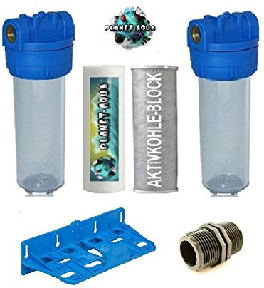 Planet-Aqua 2er Filtergehäuse Set 10 Zoll mit 3/4 Anschluß inkl. Wandhalter, Sedimentfilter, Aktivkohlefilter und Verbinder Muffen - Wasser Brunnen Pumpenfilter Hauswasserwerk
