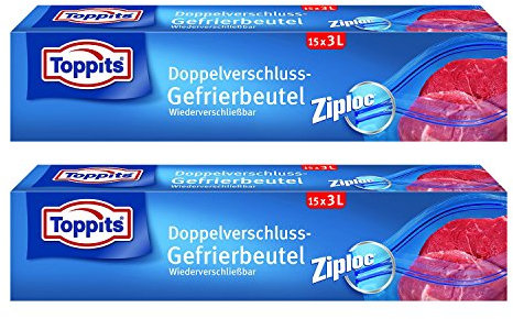 Toppits Doppelverschluss Beutel 3L (27 x 24cm), 2er Pack (2 x 15 Beutel)
