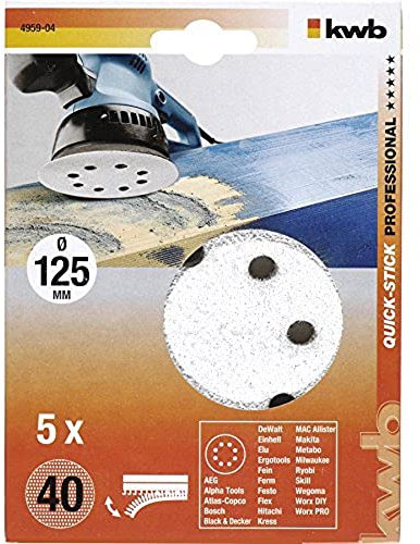 kwb Schleifscheibe Ø 125 mm aus Korund mit Stearat-Beschichtung, Körnung 80, werkzeuglosem Wechsel, Vollkunstharz-Verleimung und verstärktem Papierträger für den groben Schliff von Holz und Lack