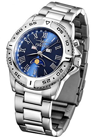 FIREFOX Mondphasenuhr FFS01-503 Sunray blau massiv Edelstahl Damenuhr Herrenuhr Armbanduhr Sicherheitsfaltschließe 10 ATM wasserdicht