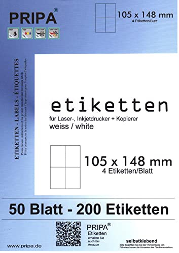 pripa Etikettenformat 105 x 148 mm, 50 Blatt DIN A4 selbstklebende Etiketten. 4 Etiketten pro Bogen (50)