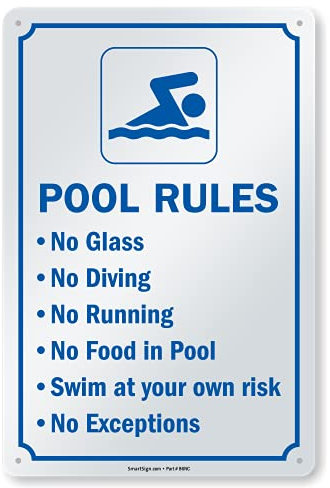 SmartSign 38,1 x 25,4 cm Schild mit Symbol Pool Rules - No Glass, No Diving, No Running, No Food In Pool, Swim At Your Own Risk, No Exceptions, digital bedruckt, 55 mm HDPE-Kunststoff, blau und weiß