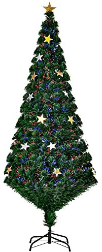 HOMCOM Árbol de Navidad Artificial Árboles de Abeto 180cm con Soporte Decoraciones Navideñas Copos de Estrella Fibra Óptica Brillante LED Multicolor Ignífugo