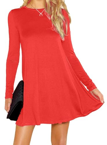 Womens Ladies Long Sleeve Midi Plain Flared A line Skater Swing Dress Jersey Tee, Red, 18 UK