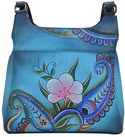Anna by Anuschka Damen Handbemalte umhängetasche DREI Fächern Satchel Handtasche | Echtes Leder, Denim Paisley Floral