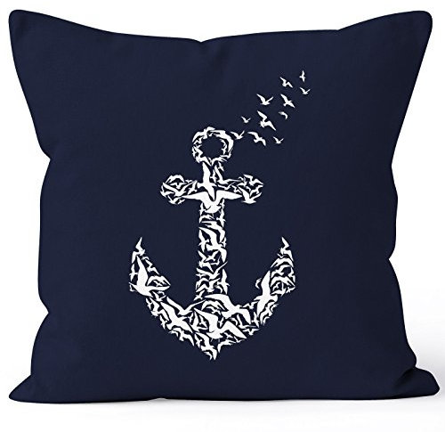 Autiga Zauberhafter Kissenbezug Vogel Anker Anchor Birds Kissen-Hülle Deko-Kissen 40x40 Baumwolle Navy 40cm x 40cm