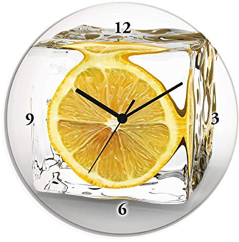 ARTLAND Wanddeko Wanduhr ohne Tickgeräusche Glas Funkuhr Ø 30 cm Rund Lautlos Obst Früchte Zitrone im Eiswürfel Frucht Kreativ T5XT