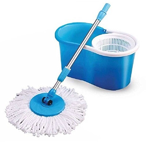 360° Floor Magic SPIN MOP Bucket Set Microfiber Rotating Dry Heads with 2 Heads (Blue)