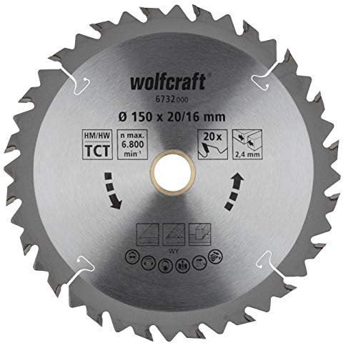 wolfcraft 6732000 1 Lame de Scie Circulaire Ø 150 mm, Ct, Alésage 20 mm, 20 Dents, Surface Poncée, Denture Sablée et Alternée Argent