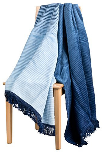 MOON Wolldecke Kuscheldecke Wohndecke 150x200 Stripes mit Fransen -blau