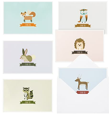 48 Pack Funny Woodland Animal Thank You Cards with Envelopes for Baby Shower, Kids, All Occasion (6 Cute Designs, 10 x 15 cm)