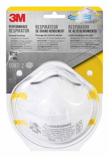 3M N95 Performance Respirator 8210, 2 Pack, Drywall Sanding, NIOSH-APPROVED N95, Advanced Filter Media For Easy Breathing, Cushioning Nose Foam, Adjustable Noseclip, Stretchable Straps (8210D2-DC)