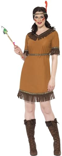 Smiffys Native American Inspired Maiden Costume, Brown with Dress, Belt and Headband, Cowboys and Indians Fancy Dress, Adult Dress Up Costumes