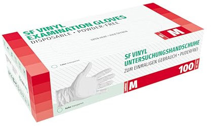 SF Einweghandschuhe M Transparent - 100 Stück Vinyl Handschuhe, Einmalhandschuhe M, Puderfrei, Latexfrei, Untersuchungshandschuhe, Putzhandschuhe, Gummihandschuhe für Medizin, Küche, Tattoo, Reinigung