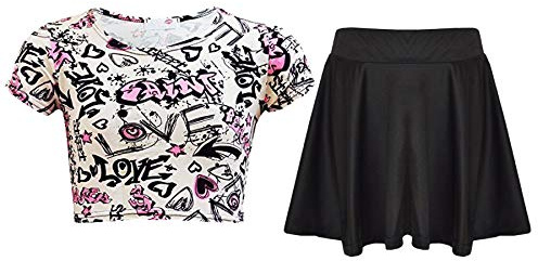 A2Z 4 Kids Girls T-Shirt and Skater Skirt Set Short Sleeve Top and Flared - Love Graffiti Top & Skirt Set 9-10