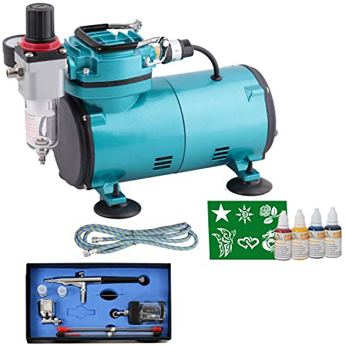AIRBRUSH SET Compact Set I mit 6* TATTOO und 4* FARBEN KIT mit sehr leisem AIRBRUSH KOMPRESSOR, UNIVERSAL AIRBRUSH PISTOLE DOUBLE ACTION inkl. 3 Düsen + Nadeln + Fliesbecher + Glas und Druckluftschlauch integr. 2 fach Airbrush HALTERUNG