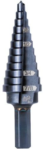 Klein Tools KTSB14 Step Drill Bit #14 Double-Fluted, 3/16 to 7/8-Inch with Easy-to-Read Step Markings and Targets, 3/8-Inch Hex Shank