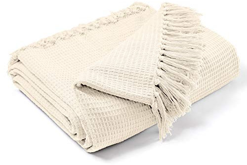 EHC Waffle Cotton Woven King Size Sofa Throw 3 Seater Sofa/Chair/Double Bed, 228 x 254 cm, Cream