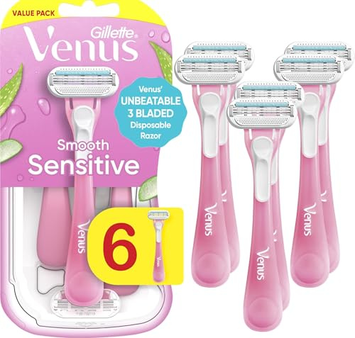 Gillette Venus Sensitive Disposable Razors for Women with Sensitive Skin, 6 Count, Delivers Close Shave with Comfort