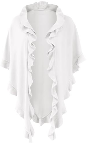 Poncho Cape Trachtentuch Umhang Stola Schultertuch Trachten-Tuch Damen Strickponcho Tracht Strick Trachtenponcho gestrickt Überwurf Volants Rüschen Schal Cashmink, Farbe:weiß