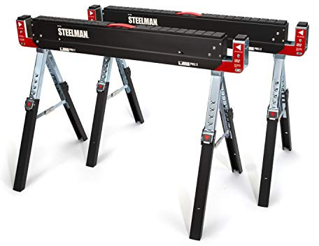 PROTOCOL Equipment Adjustable Height Work Table Folding Sawhorses, Set of Two, Durable Steel Construction, Folding Legs, 2x4 Table Support Arms, 2,600 lb. Combined Loading Capacity