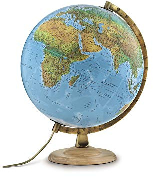 Tecnodidattica Atmosphere B4 - Globo terráqueo con Doble cartografía física/política, Base de Madera de Haya y meridiano de Metal, diámetro 30 cm