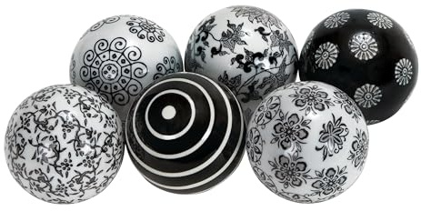 Deco 79 Ceramic Handmade Glossy Decorative Ball Orbs and Vase Filler with Varying Patterns, Set of 6 3 InchD, Black