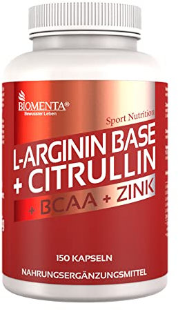 BIOMENTA L Arginin + Citrullin – 150 Amino Kapseln hochdosiert mit L-Arginine Base, L-Citrulline Malat, BCAAs und Zink – Premiumqualität