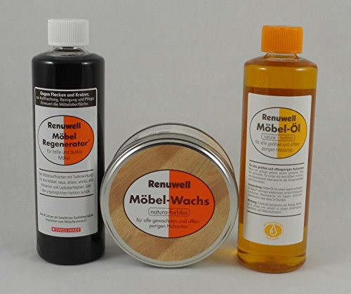 Renuwell Möbel-Regenerator (500ml), Möbel-Öl Leinöl-Firnis (500 ml) & Möbel-Wachs natura-farblos (500 ml) – Pflegeset für Holz, Möbel und Oberflächen, Schweizer Qualität
