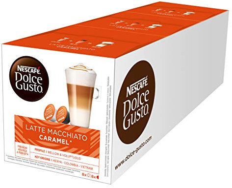 NESCAFÉ Dolce Gusto Latte Macchiato Caramel, 48 capsules de café, mélange Arabica Robusta, arôme fin de caramel et mousse de lait délicieuse, capsules embouteillées, 3 Paquets (3 x 16 capsules)