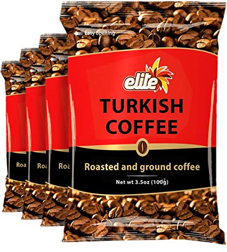 Elite Ground Roasted Turkish Coffee 3.5oz Bag (4 Pack) by Elite | Authentic rich Elite dark roast micro-ground Turkish coffee - Certified Kosher Parve, offering 4 fresh 100g value bags