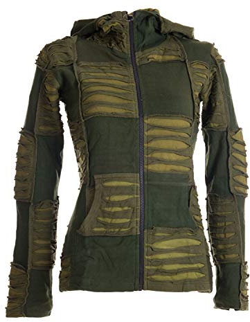 Vishes - Alternative Bekleidung - Damen Patchwork Jacke mit Cutwork und Zipfelkapuze olive 36