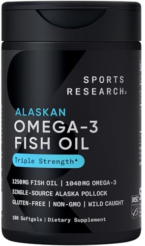 Sports Research® Omega-3 Fish Oil 1250 - Triple Strength Fish Oil Supplement from Wild Alaska Pollock - MSC Certified Sustainable · Non-GMO · Soy Free - 180 Softgel Capsules