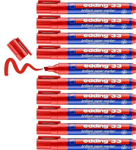 edding 33 brilliant paper marker - red - 10 waterproof permanent markers - chisel nib 1-5 mm - vibrant colours - lightfast marking on paper, card, cardboard, plastic, metal and glass