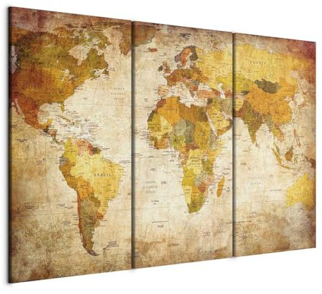 B&D XXL - Leinwand Bilder 120x80 cm Vlies Leinwandbild 3 Teilig Kunstdruck modern Wandbilder Groß XXL Wanddekoration Design Wand Bild - Dekorative Weltkarte Welt Karte Kontinente 020213-2