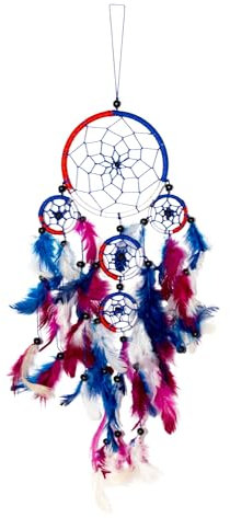 50cm x 11cm Dreamcatcher Traumfänger Rot Weiß Blau Bunte Feder 5 Ringe Gute Träume