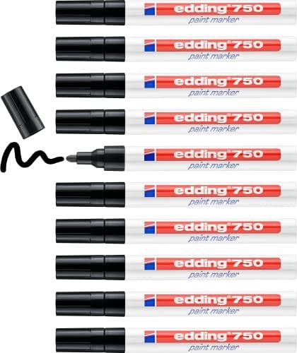edding 750 marqueur peinture - noir - 10 stylos - pointe ronde 2-4 mm - marqueur de peinture pour l'étiquetage du métal, verre, roche ou du plastique - résistant à la chaleur, permanent et étanche