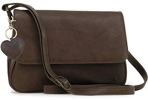 Gigi - Damen Leder Umhängetasche - Crossbody Bag Mittelgroß - Verstellbarer Schultergurt - mit Herz Schlüsselring - OTHELLO 1008 - Dunkelbraun