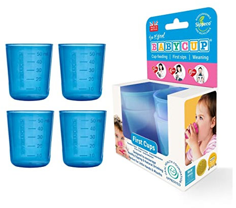 Babycup First Cups – Erste Tasse für Kleinkinder, Kindertrinkbecher 100% recycelbar und biologisch abbaubar, BPA-frei, 4 Stück, 50 ml (Blau)