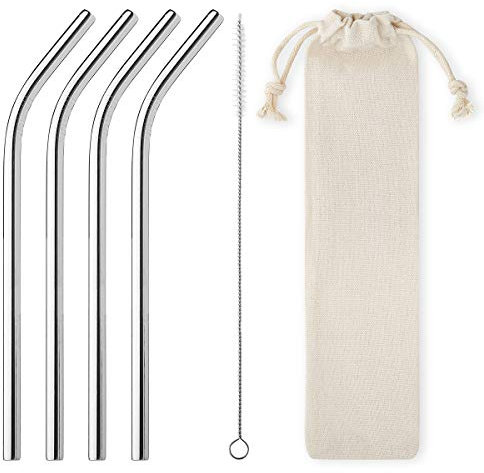 4 Pack 6mm Wide Curved Metal Straws Stainless Steel Metal Drinking Straws Cleaning Brush and Carry Pouch/Case Reusable Straw with Case Cocktail Accessories Smoothie Straws Milkshake Straw