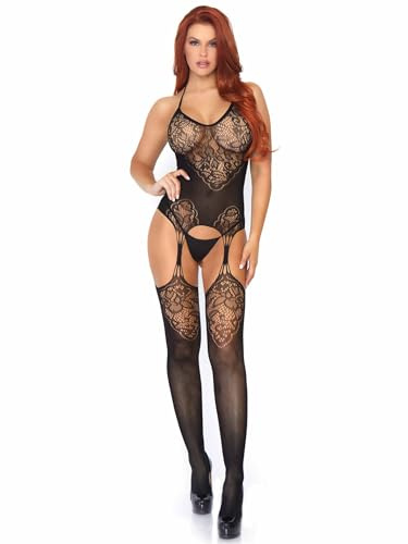 Leg Avenue Women's Lace Jacquard Fishnet Suspender Bodystocking, Black, O/S