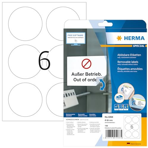 HERMA 5068 Universal Etiketten ablösbar rund, 25 Blatt, Ø 85 mm, 6 pro A4 Bogen, 150 Stück, selbstklebend, bedruckbar, matt, blanko Papier Klebeetiketten Aufkleber, weiß