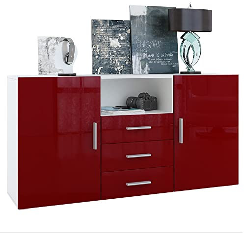 Vladon Buffet Skadu, Commode avec 2 Portes, 3 tiroirs et 1 Compartiment Ouvert, Blanc Mat/Bordeaux Haute Brillance (138,5 x 71,5 x 35 cm)